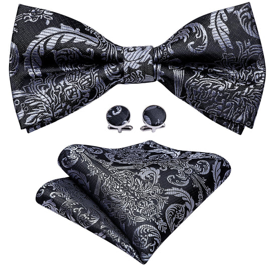Black Silver Floral Silk Bowtie Pocket Square Cufflinks Set LH-0937 - SimonVon Shop
