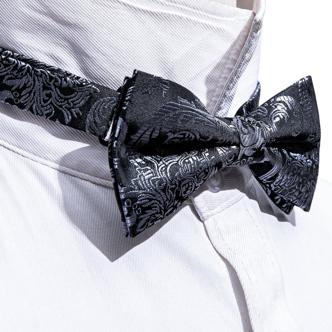 Black Silver Floral Silk Bowtie Pocket Square Cufflinks Set LH-0937 - SimonVon Shop