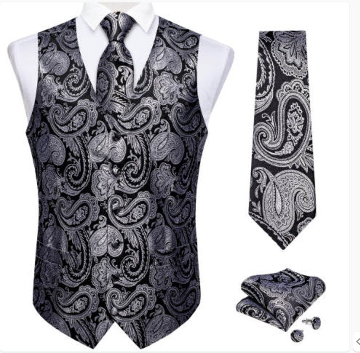 BLACK SILVER PAISLEY JACQUARD SILK WAISTCOAT VEST HANDKERCHIEF CUFFLINKS TIE VEST SUIT SET- MJ-0148 - SimonVon Shop