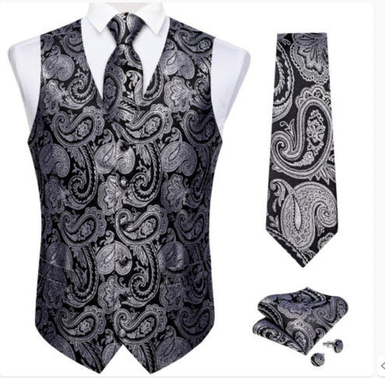 BLACK SILVER PAISLEY JACQUARD SILK WAISTCOAT VEST HANDKERCHIEF CUFFLINKS TIE VEST SUIT SET- MJ-0148 - SimonVon Shop