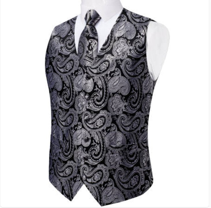 BLACK SILVER PAISLEY JACQUARD SILK WAISTCOAT VEST HANDKERCHIEF CUFFLINKS TIE VEST SUIT SET- MJ-0148 - SimonVon Shop