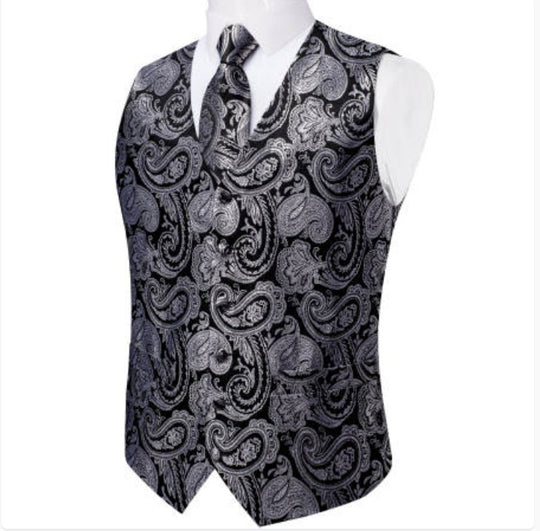 BLACK SILVER PAISLEY JACQUARD SILK WAISTCOAT VEST HANDKERCHIEF CUFFLINKS TIE VEST SUIT SET- MJ-0148 - SimonVon Shop
