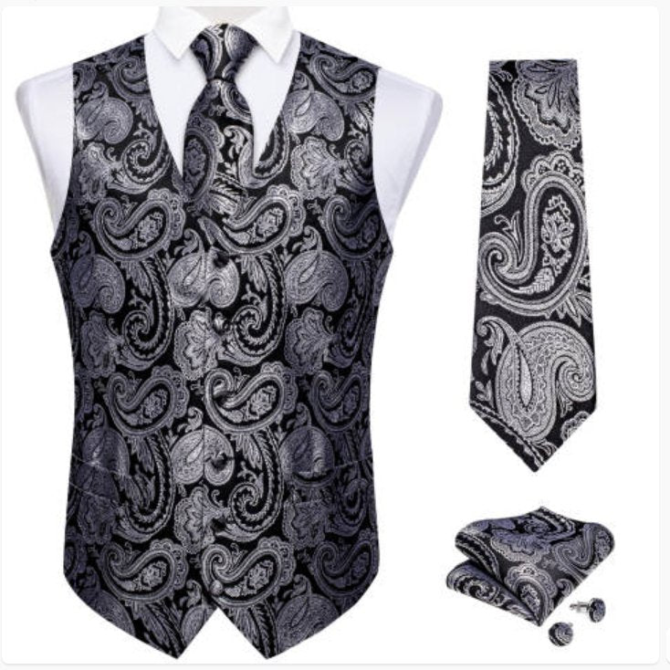 BLACK SILVER PAISLEY JACQUARD SILK WAISTCOAT VEST HANDKERCHIEF CUFFLINKS TIE VEST SUIT SET- MJ-0148 - SimonVon Shop