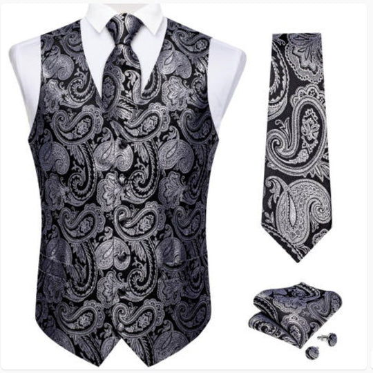 BLACK SILVER PAISLEY JACQUARD SILK WAISTCOAT VEST HANDKERCHIEF CUFFLINKS TIE VEST SUIT SET- MJ-0148 - SimonVon Shop