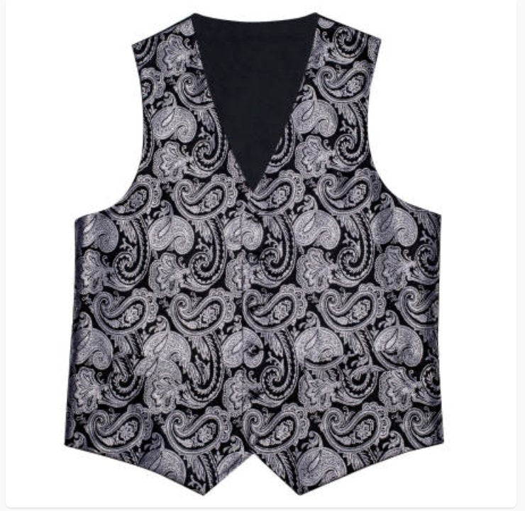 BLACK SILVER PAISLEY JACQUARD SILK WAISTCOAT VEST HANDKERCHIEF CUFFLINKS TIE VEST SUIT SET- MJ-0148 - SimonVon Shop