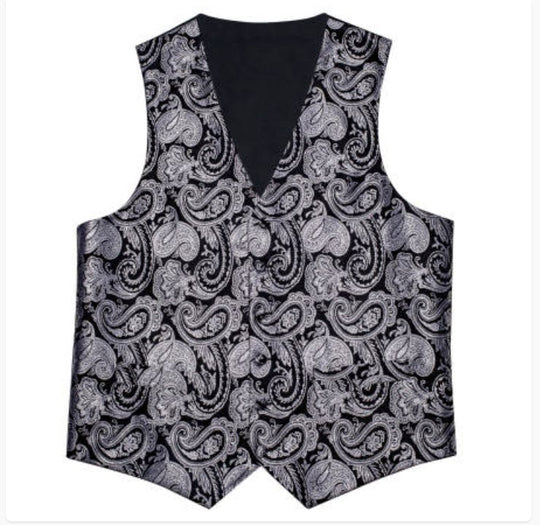 BLACK SILVER PAISLEY JACQUARD SILK WAISTCOAT VEST HANDKERCHIEF CUFFLINKS TIE VEST SUIT SET- MJ-0148 - SimonVon Shop