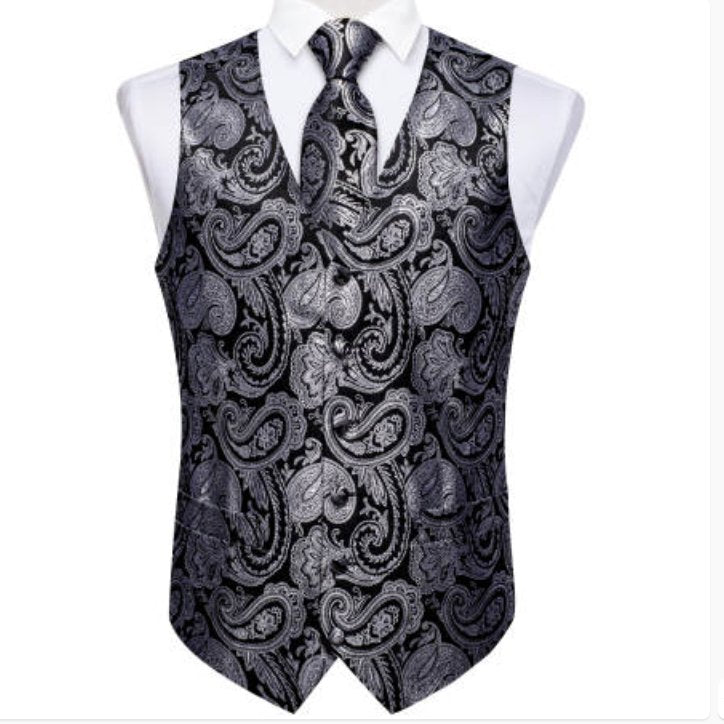 BLACK SILVER PAISLEY JACQUARD SILK WAISTCOAT VEST HANDKERCHIEF CUFFLINKS TIE VEST SUIT SET- MJ-0148 - SimonVon Shop