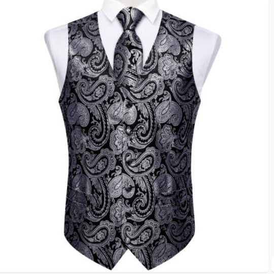 BLACK SILVER PAISLEY JACQUARD SILK WAISTCOAT VEST HANDKERCHIEF CUFFLINKS TIE VEST SUIT SET- MJ-0148 - SimonVon Shop