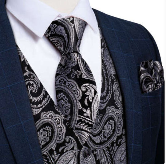 BLACK SILVER PAISLEY JACQUARD SILK WAISTCOAT VEST HANDKERCHIEF CUFFLINKS TIE VEST SUIT SET- MJ-0148 - SimonVon Shop
