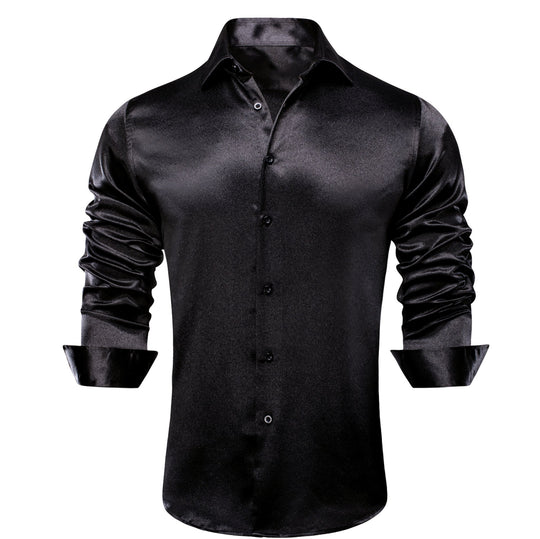 Black Solid Satin Men's Long Sleeve Dress Shirt- CY-1503 - SimonVon Shop