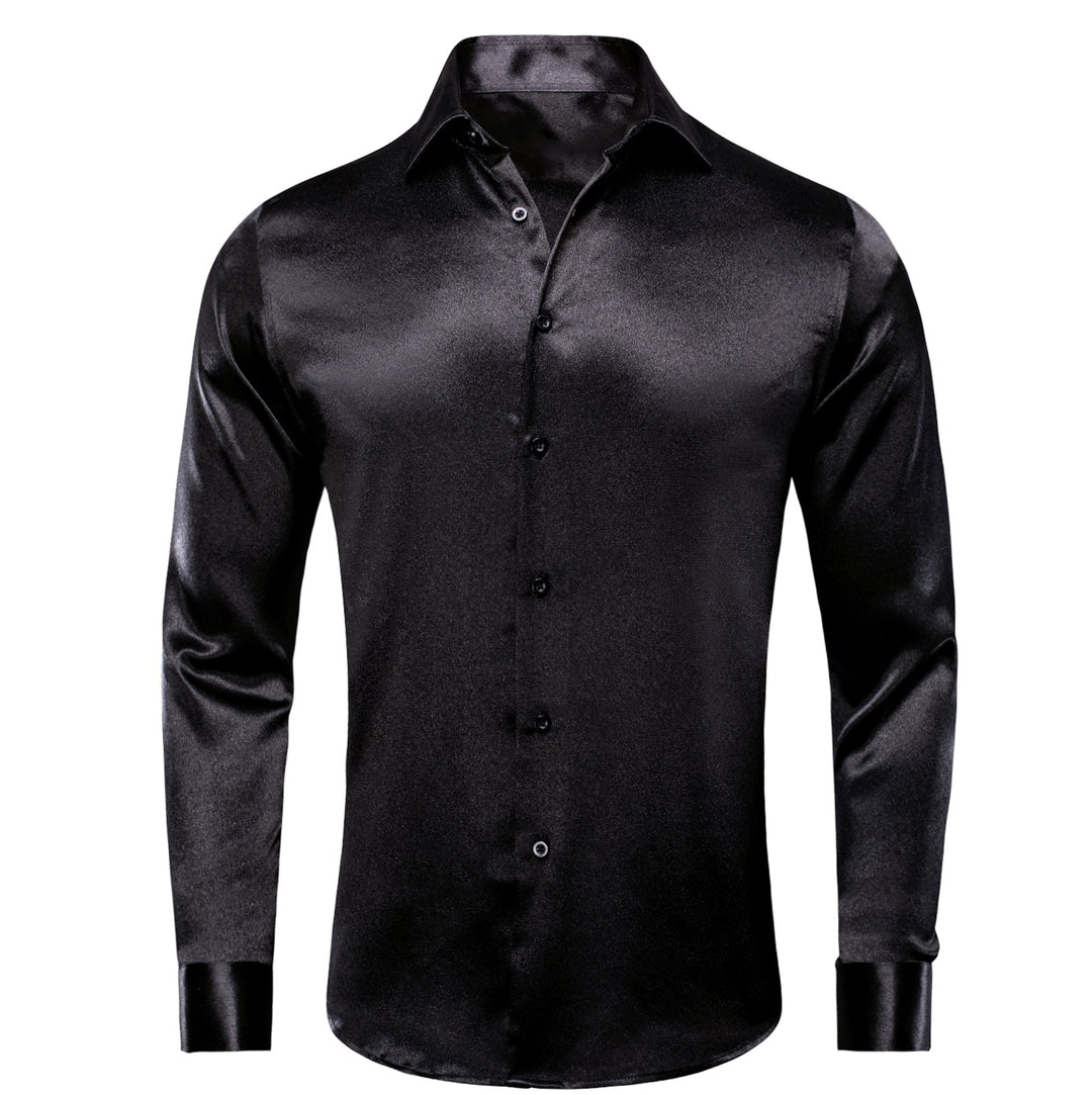 Black Solid Satin Men's Long Sleeve Dress Shirt- CY-1503 - SimonVon Shop