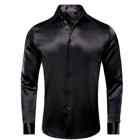 Black Solid Satin Men's Long Sleeve Dress Shirt- CY-1503 - SimonVon Shop