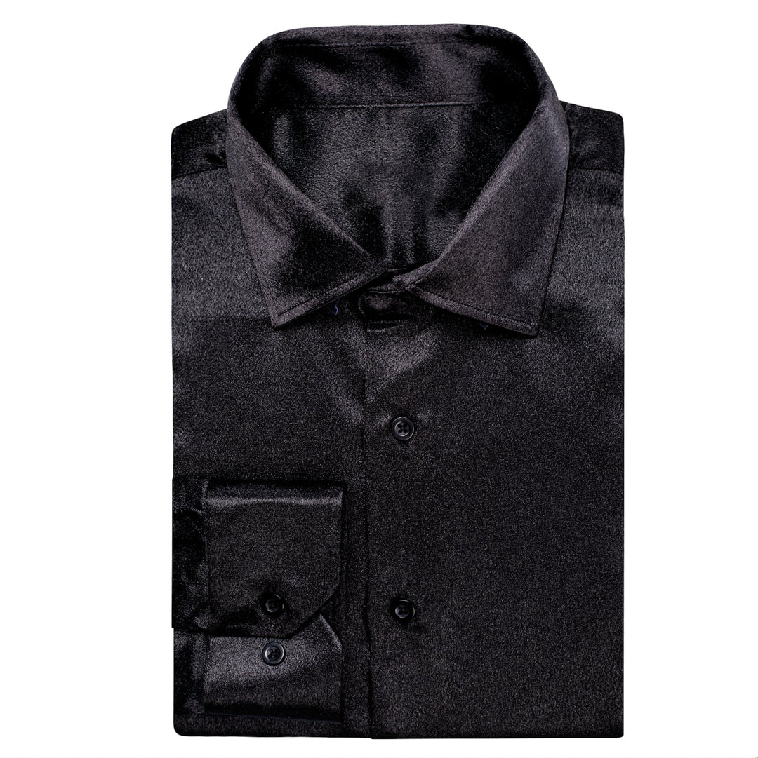 Black Solid Satin Men's Long Sleeve Dress Shirt- CY-1503 - SimonVon Shop