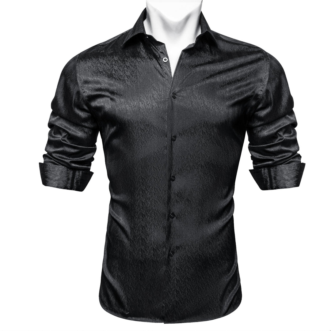 Black Solid Silk Men's Long Sleeve Dress Shirt- CY-0545 - SimonVon Shop