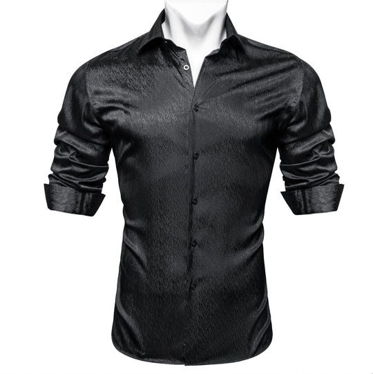 Black Solid Silk Men's Long Sleeve Dress Shirt- CY-0545 - SimonVon Shop