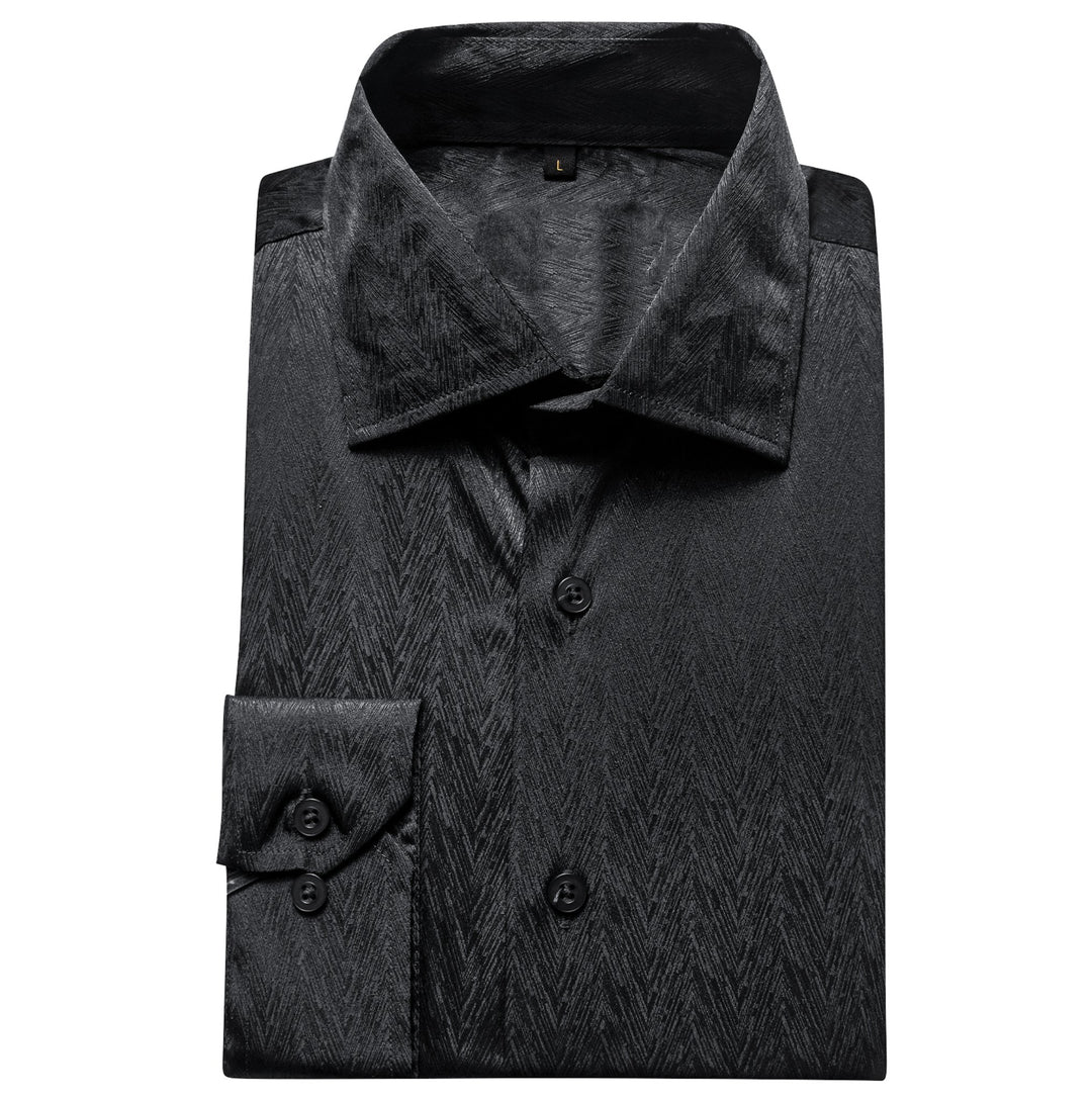 Black Solid Silk Men's Long Sleeve Dress Shirt- CY-0545 - SimonVon Shop
