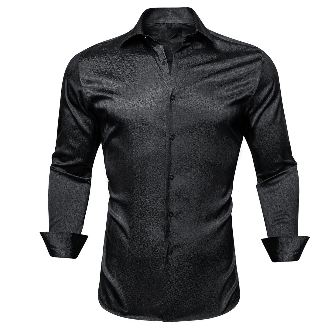 Black Solid Silk Men's Long Sleeve Dress Shirt- CY-0545 - SimonVon Shop