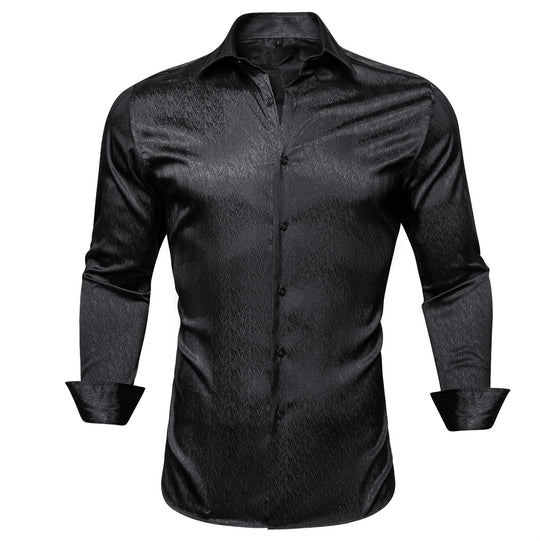 Black Solid Silk Men's Long Sleeve Dress Shirt- CY-0545 - SimonVon Shop