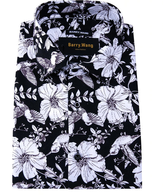 Black White Floral Casual Shirts. CY-0105 - SimonVon Shop