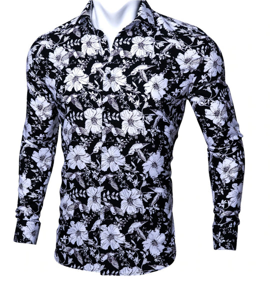 Black White Floral Casual Shirts. CY-0105 - SimonVon Shop