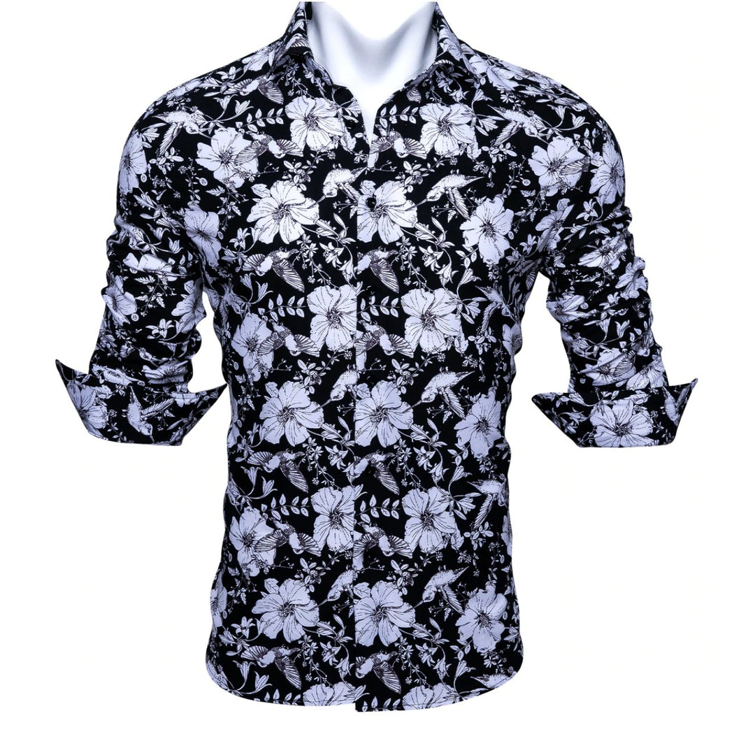 Black White Floral Casual Shirts. CY-0105 - SimonVon Shop