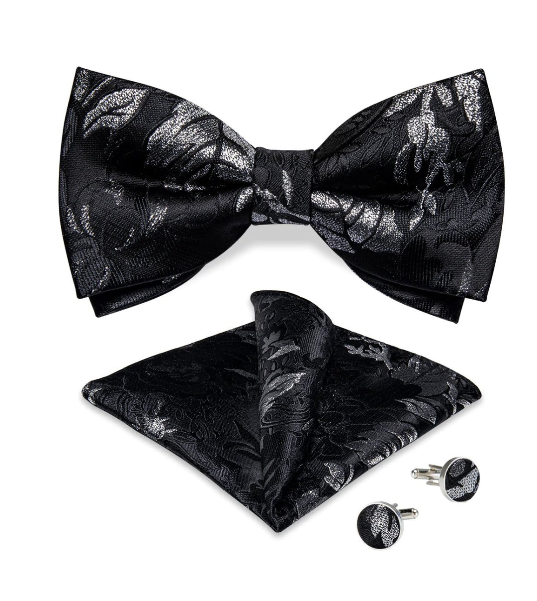 Black White Flower Silk Bowtie Pocket Square Cufflinks Set- LH-0156 - SimonVon Shop