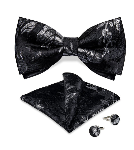 Black White Flower Silk Bowtie Pocket Square Cufflinks Set- LH-0156 - SimonVon Shop