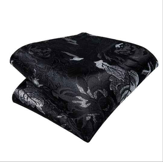 Black White Flower Silk Bowtie Pocket Square Cufflinks Set- LH-0156 - SimonVon Shop