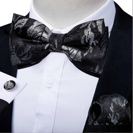Black White Flower Silk Bowtie Pocket Square Cufflinks Set- LH-0156 - SimonVon Shop