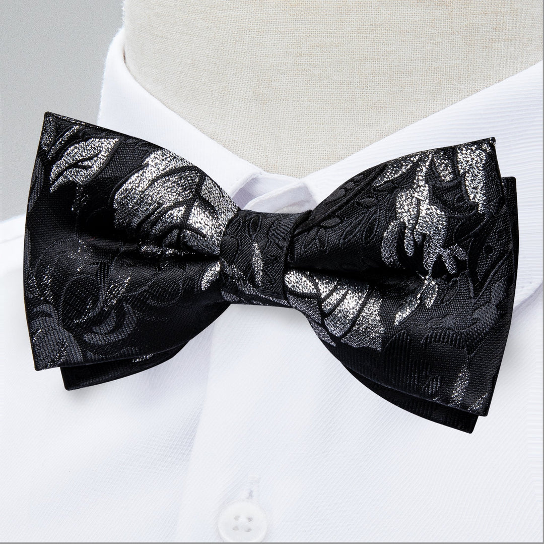 Black White Flower Silk Bowtie Pocket Square Cufflinks Set- LH-0156 - SimonVon Shop