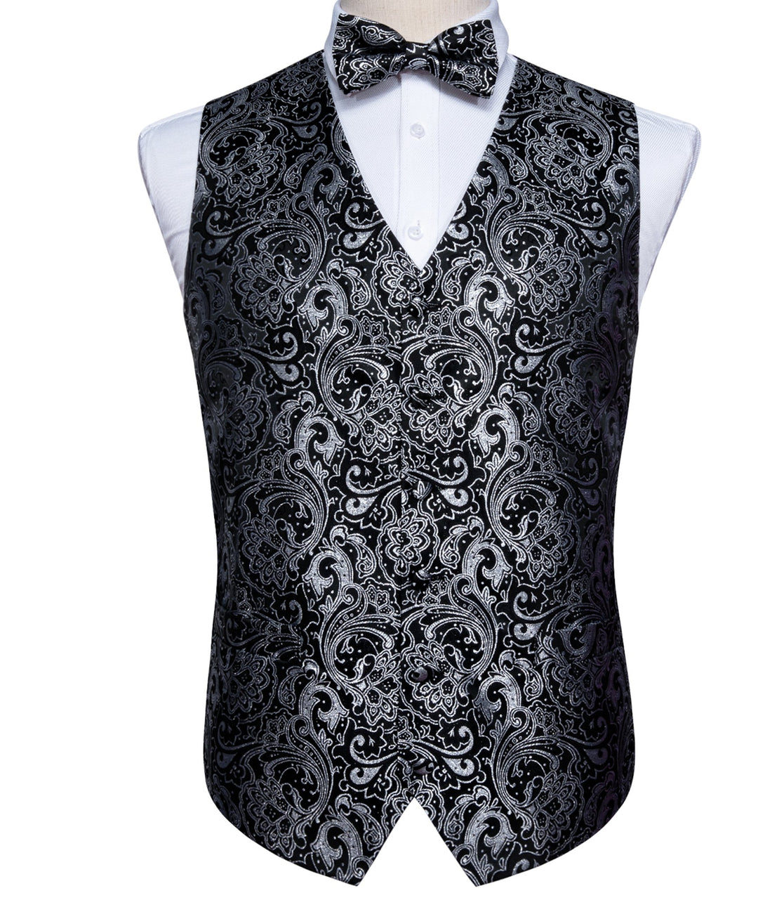 Black White Paisley Silk Vest Necktie Pocket Square Cufflinks Set-MJ-2516 - SimonVon Shop