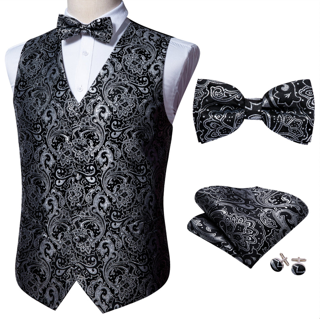 Black White Paisley Silk Vest Necktie Pocket Square Cufflinks Set-MJ-2516 - SimonVon Shop
