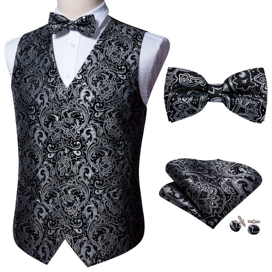 Black White Paisley Silk Vest Necktie Pocket Square Cufflinks Set-MJ-2516 - SimonVon Shop