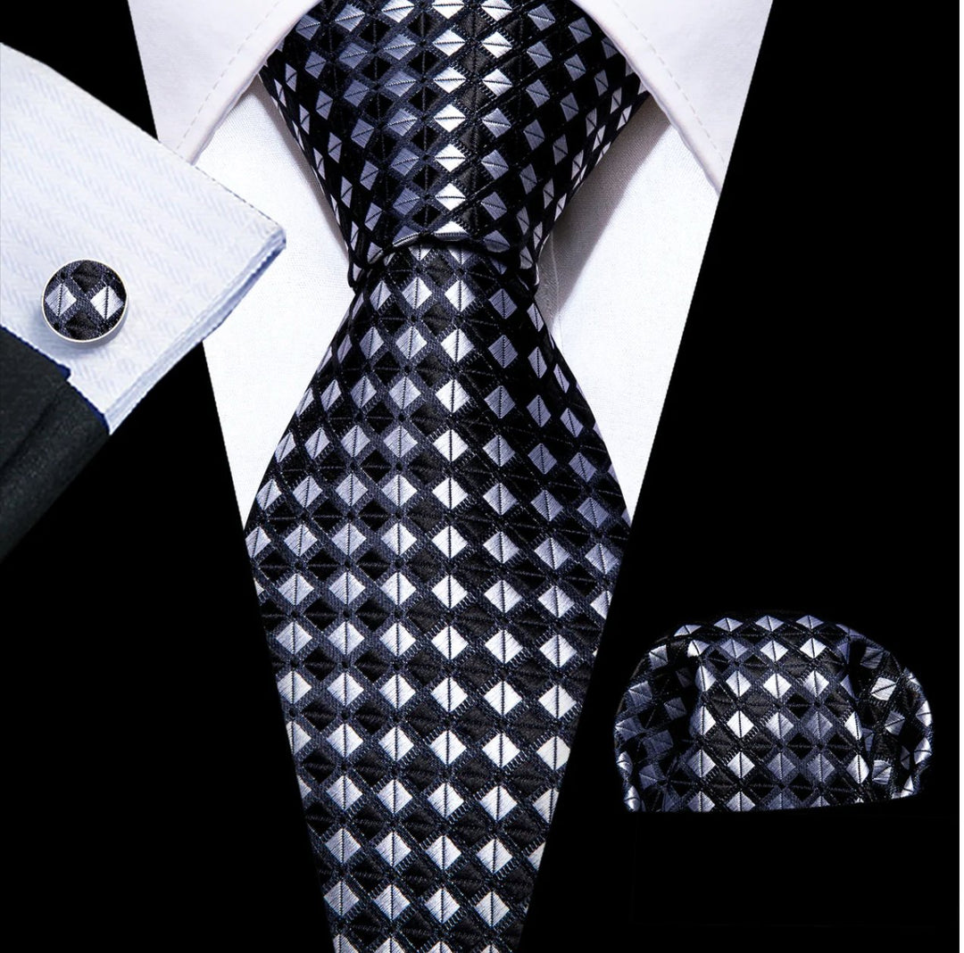 Black White Plaid Silk Tie Handkerchief Cufflinks Set- N-6256 - SimonVon Shop