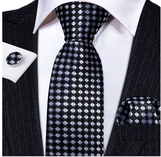 Black White Plaid Silk Tie Handkerchief Cufflinks Set- N-6256 - SimonVon Shop