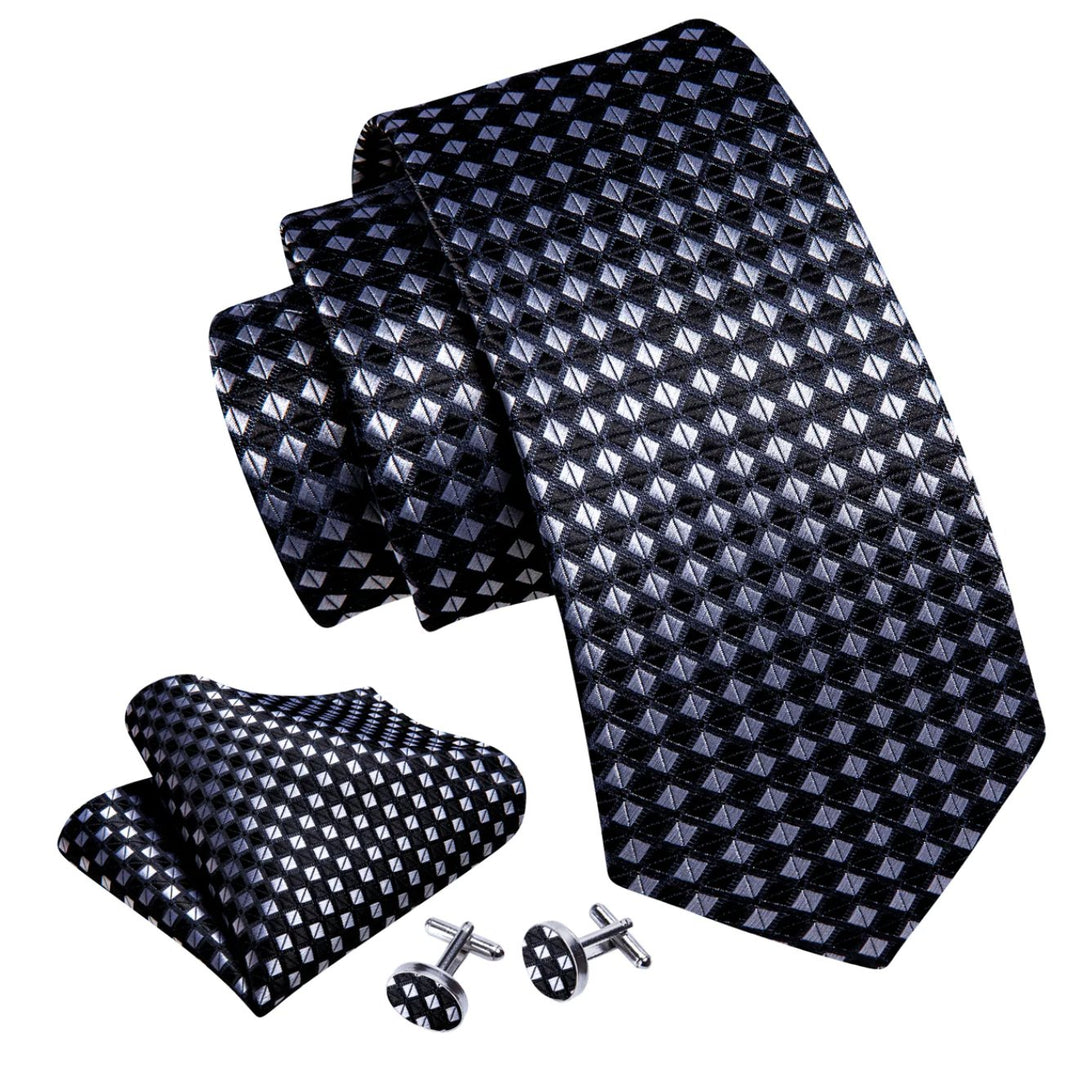 Black White Plaid Silk Tie Handkerchief Cufflinks Set- N-6256 - SimonVon Shop