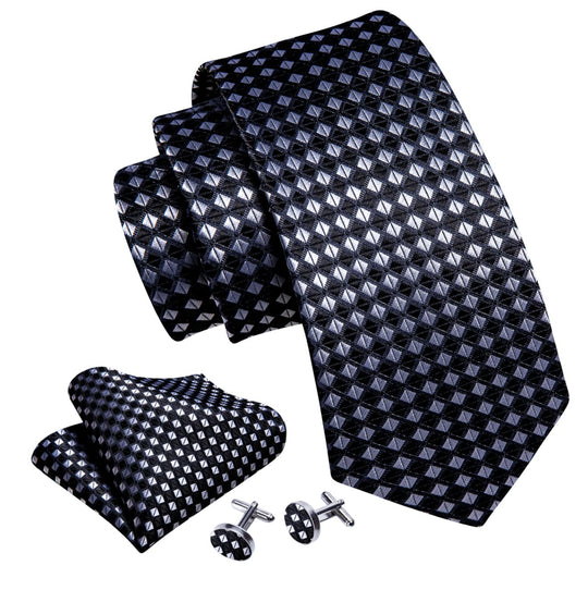 Black White Plaid Silk Tie Handkerchief Cufflinks Set- N-6256 - SimonVon Shop
