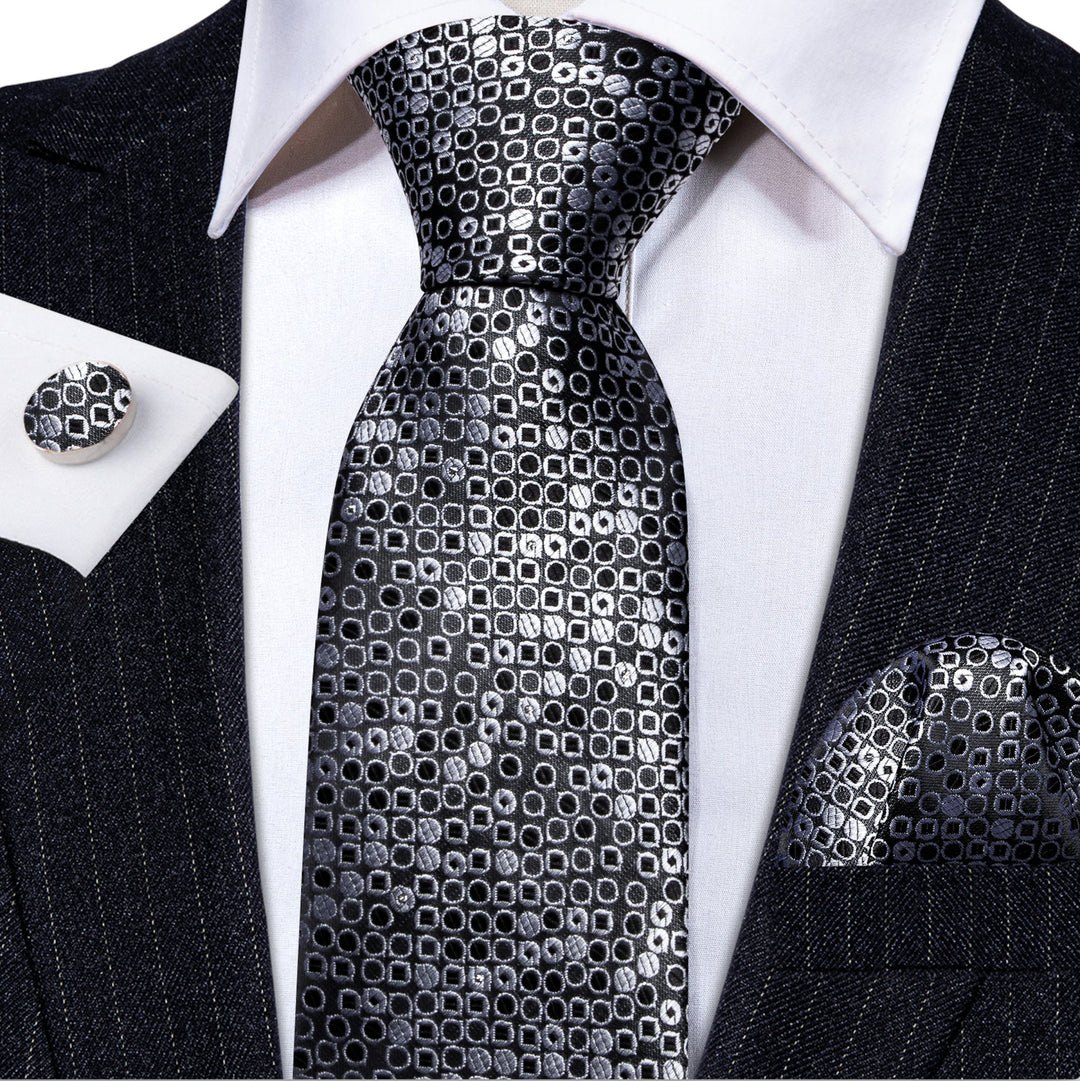Black White Round Floral Silk Tie Handkerchief Cufflinks Set-N-6103 - SimonVon Shop