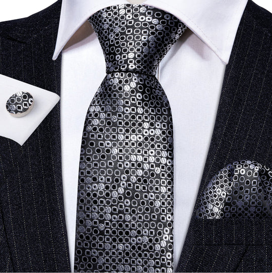 Black White Round Floral Silk Tie Handkerchief Cufflinks Set-N-6103 - SimonVon Shop