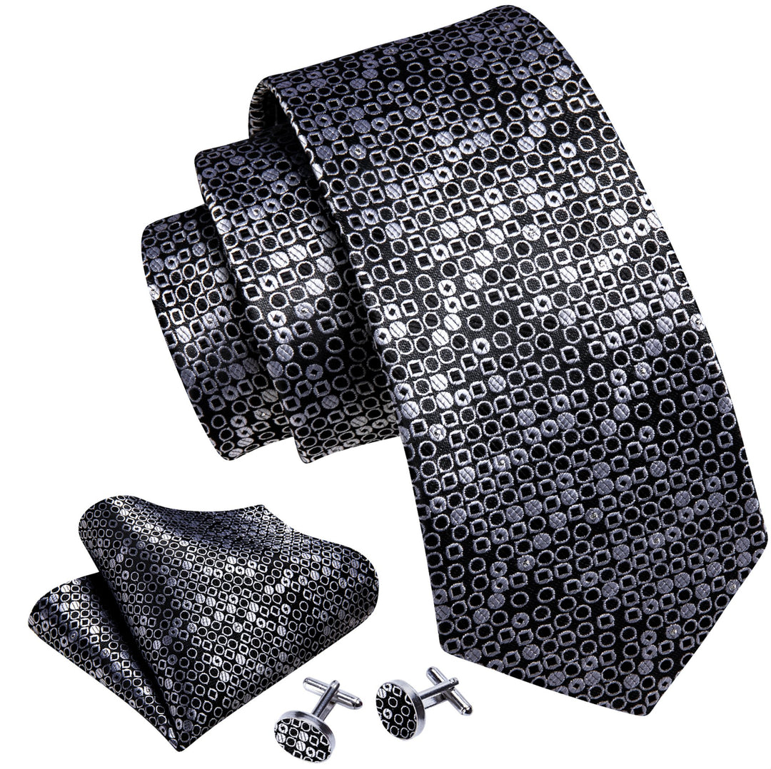 Black White Round Floral Silk Tie Handkerchief Cufflinks Set-N-6103 - SimonVon Shop