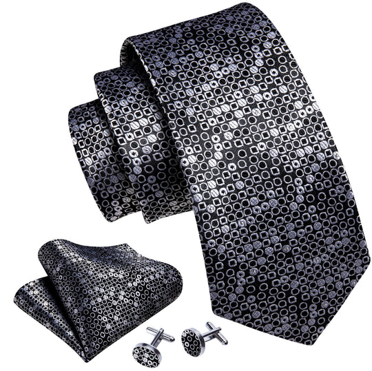 Black White Round Floral Silk Tie Handkerchief Cufflinks Set-N-6103 - SimonVon Shop