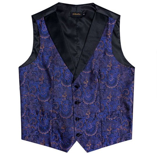 Blue and Gold Floral Silk Single Waistcoat Vest Only -NO TIE-MJ-0208 - SimonVon Shop