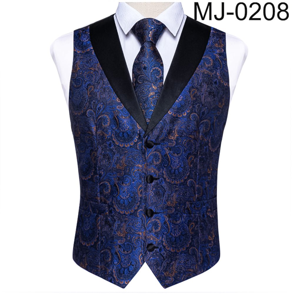 Blue and Gold Floral Silk Single Waistcoat Vest Only -NO TIE-MJ-0208 - SimonVon Shop