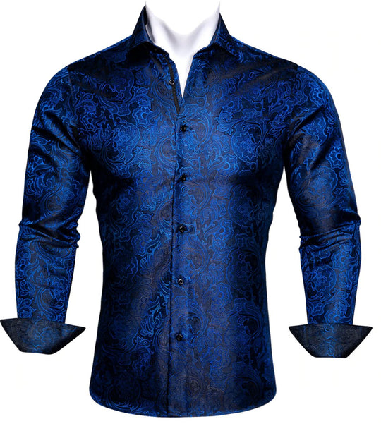 Blue Black Paisley Silk Shirt. CY-0067 - SimonVon Shop