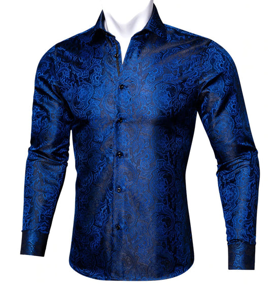Blue Black Paisley Silk Shirt. CY-0067 - SimonVon Shop