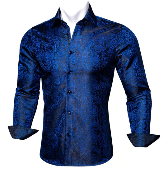 Blue Black Paisley Silk Shirt. CY-0067 - SimonVon Shop