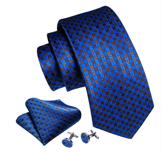 Blue Brown Plaid Silk Tie Handkerchief Cufflinks Set -N-6318 - SimonVon Shop