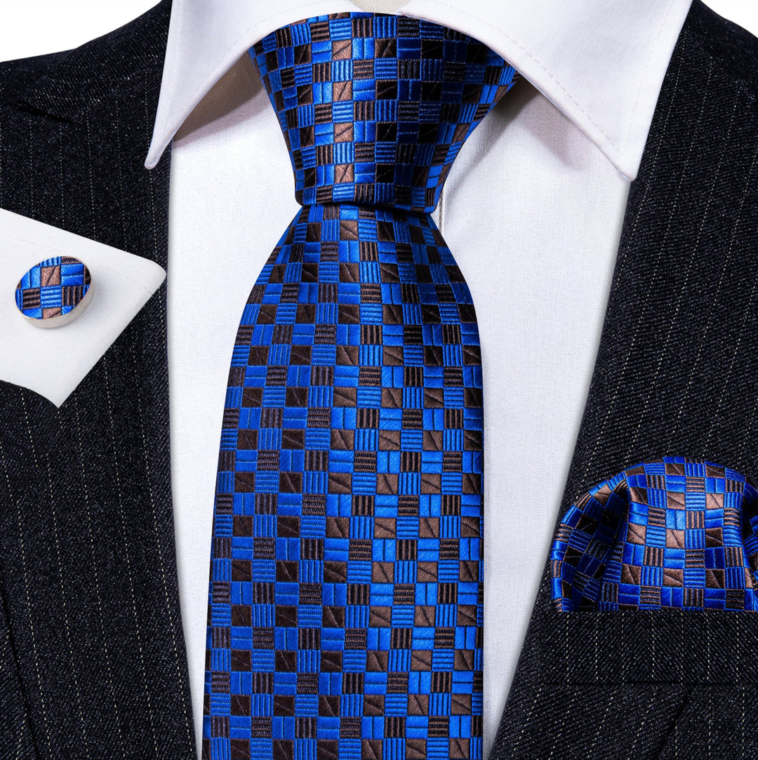 Blue Brown Plaid Silk Tie Handkerchief Cufflinks Set -N-6318 - SimonVon Shop