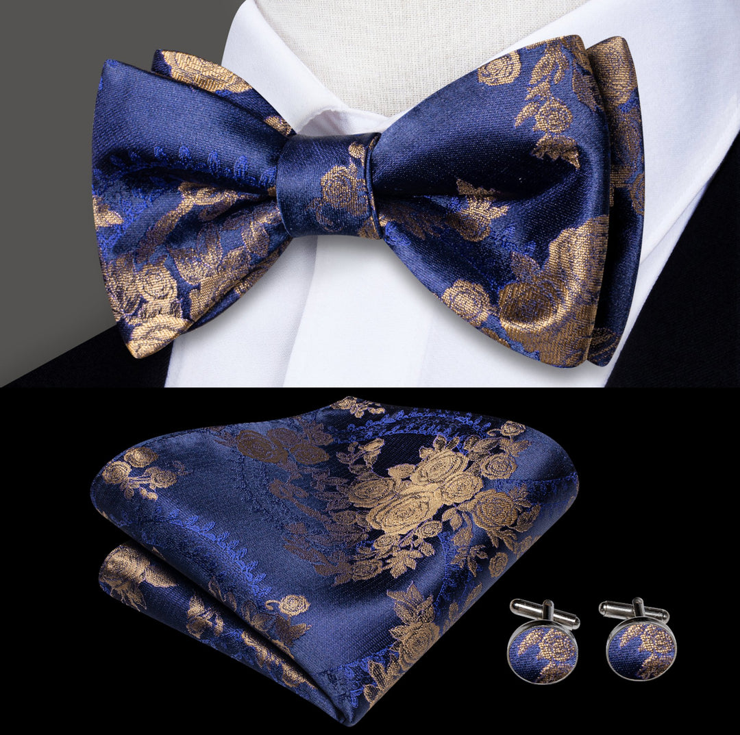 Blue Gold Paisley Self Bowtie Pocket Square Cufflinks Set- LH-2114 - SimonVon Shop