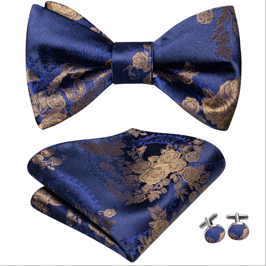 Blue Gold Paisley Self Bowtie Pocket Square Cufflinks Set- LH-2114 - SimonVon Shop